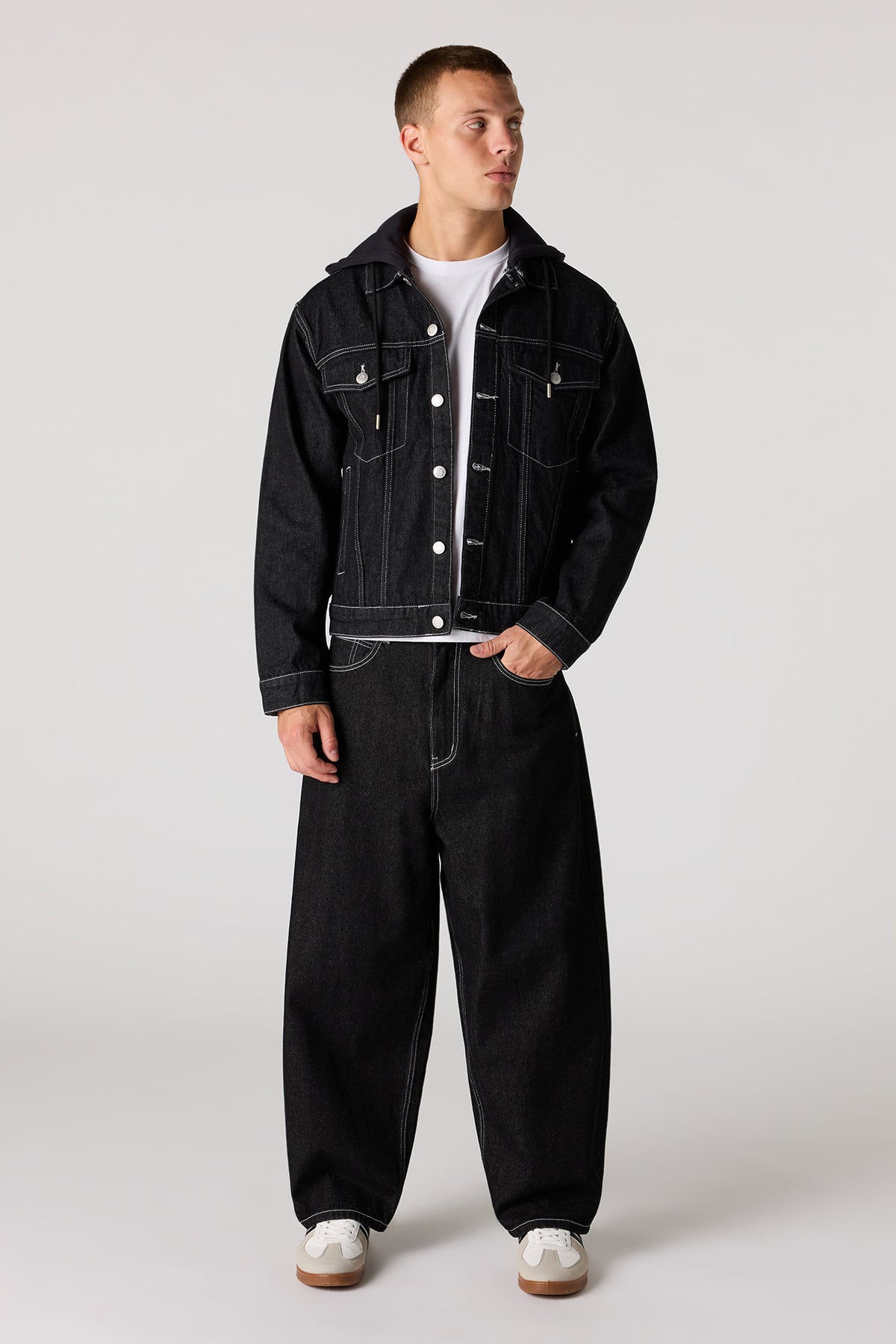 Alt View 3. Denim Removable Hooded Trucker Jacket - Pure Black