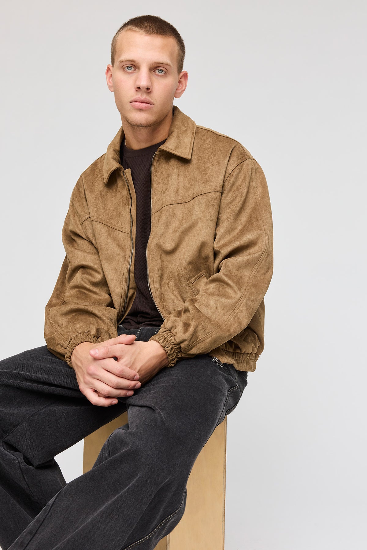 Faux Suede Bomber Jacket - Taupe