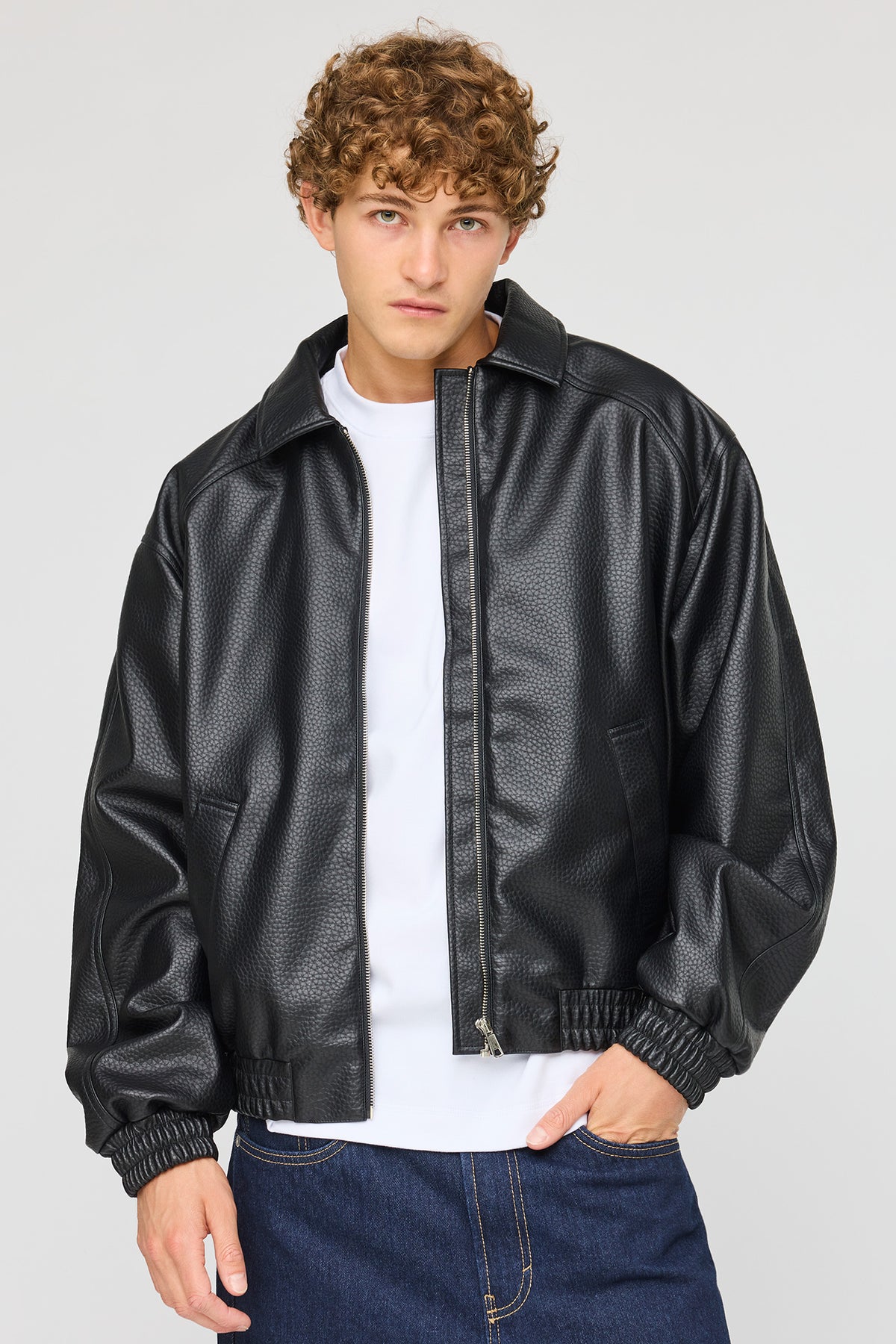 Faux Leather Bomber Jacket - Black