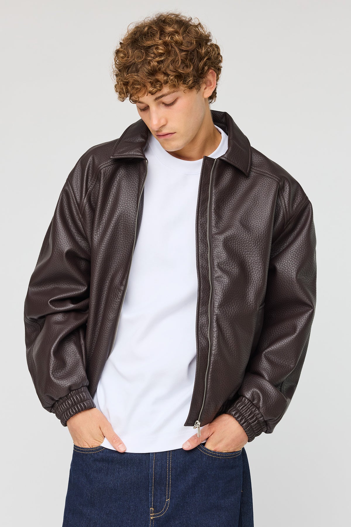 Faux Leather Bomber Jacket - Brown