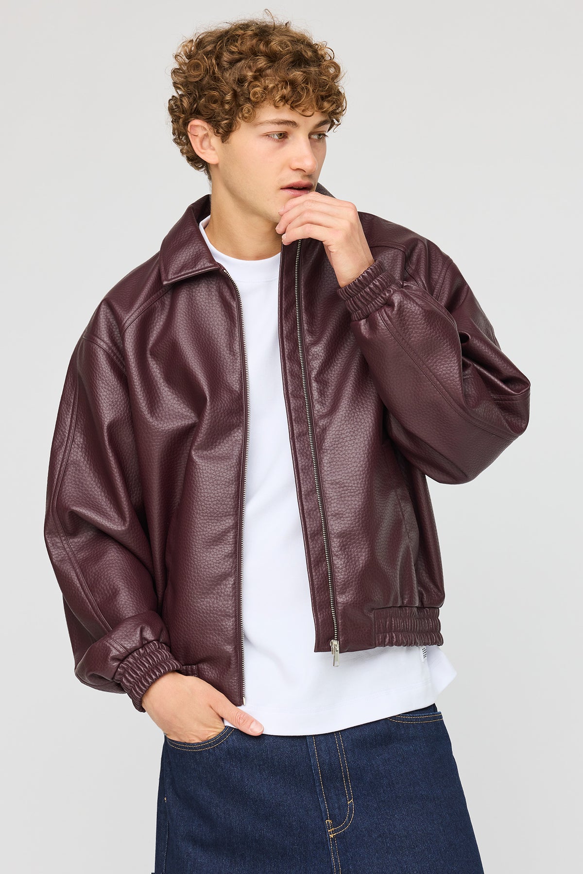 Alt View 4. Faux Leather Bomber Jacket - Burgundy