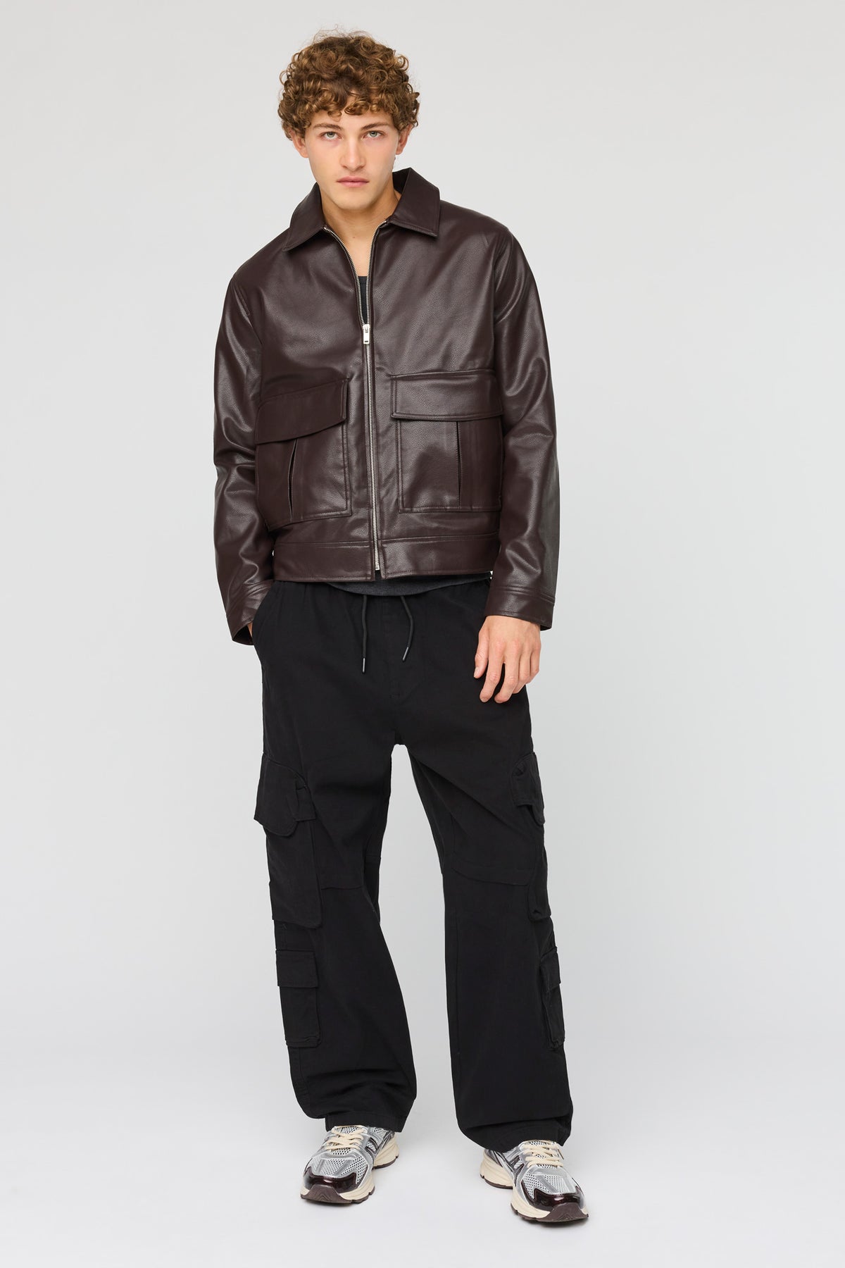 Alt View 3. Faux Leather Bomber Jacket - Brown