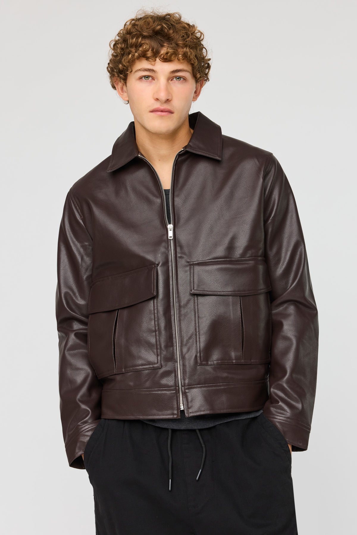 Alt View 4. Faux Leather Bomber Jacket - Brown