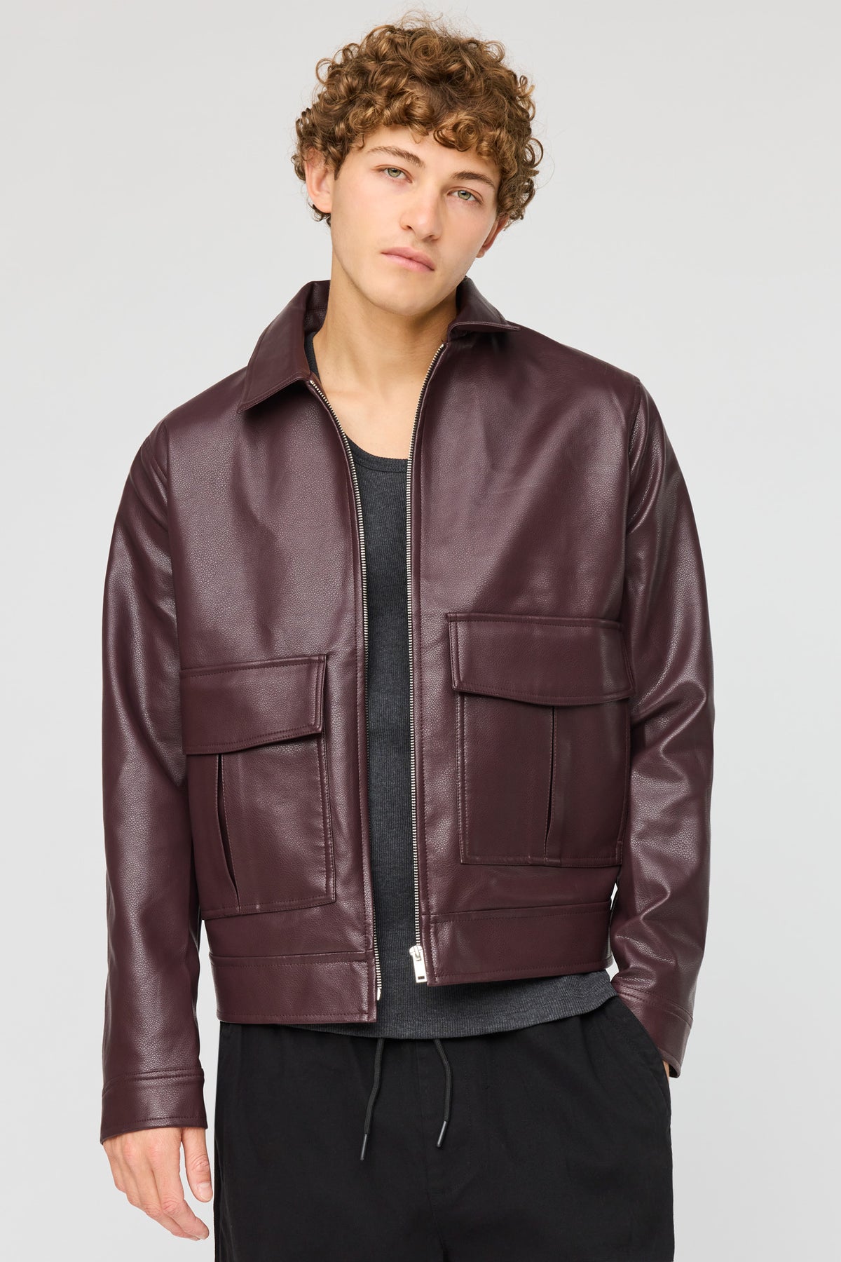Faux Leather Bomber Jacket - Burgundy