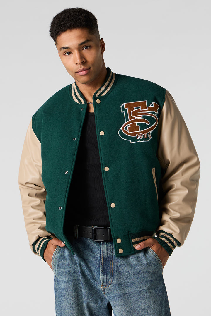 Faux Leather Sleeve Fleece Varsity Jacket – Urban Planet
