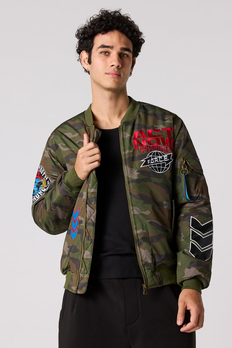 Blouson aviateur avec motif brodé et motif camouflage