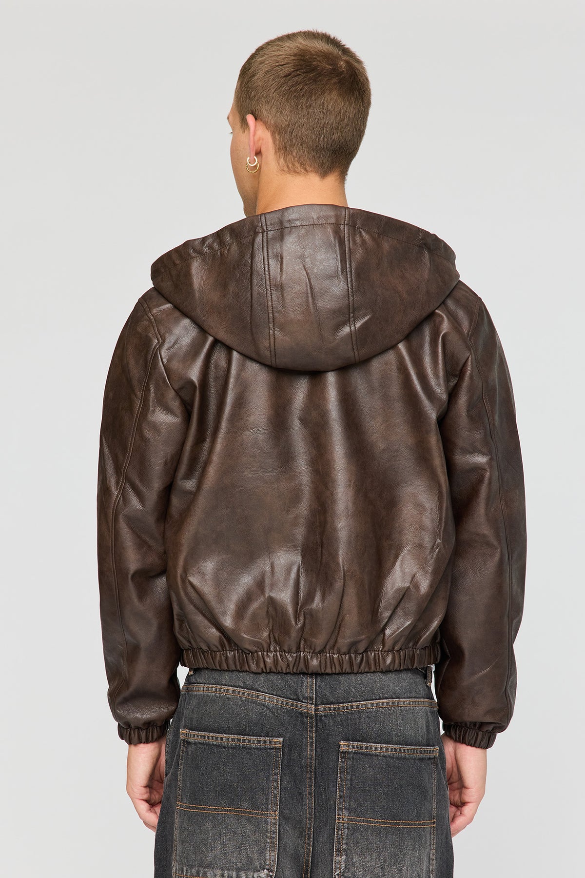 Alt View 2. Faux Leather Hooded Bomber Jacket - Dark Brown