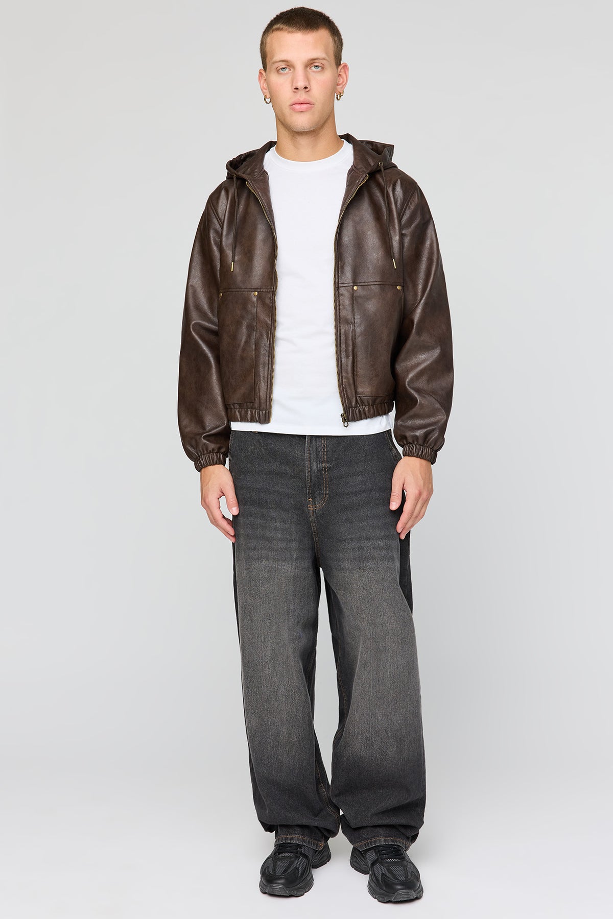 Alt View 3. Faux Leather Hooded Bomber Jacket - Dark Brown