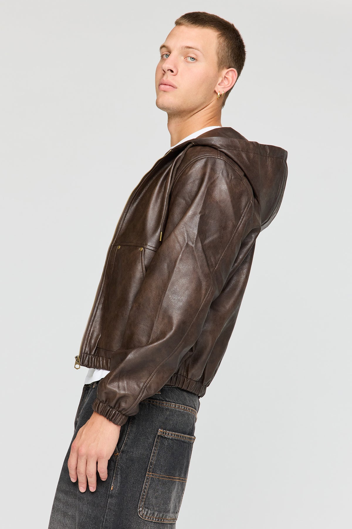 Alt View 4. Faux Leather Hooded Bomber Jacket - Dark Brown