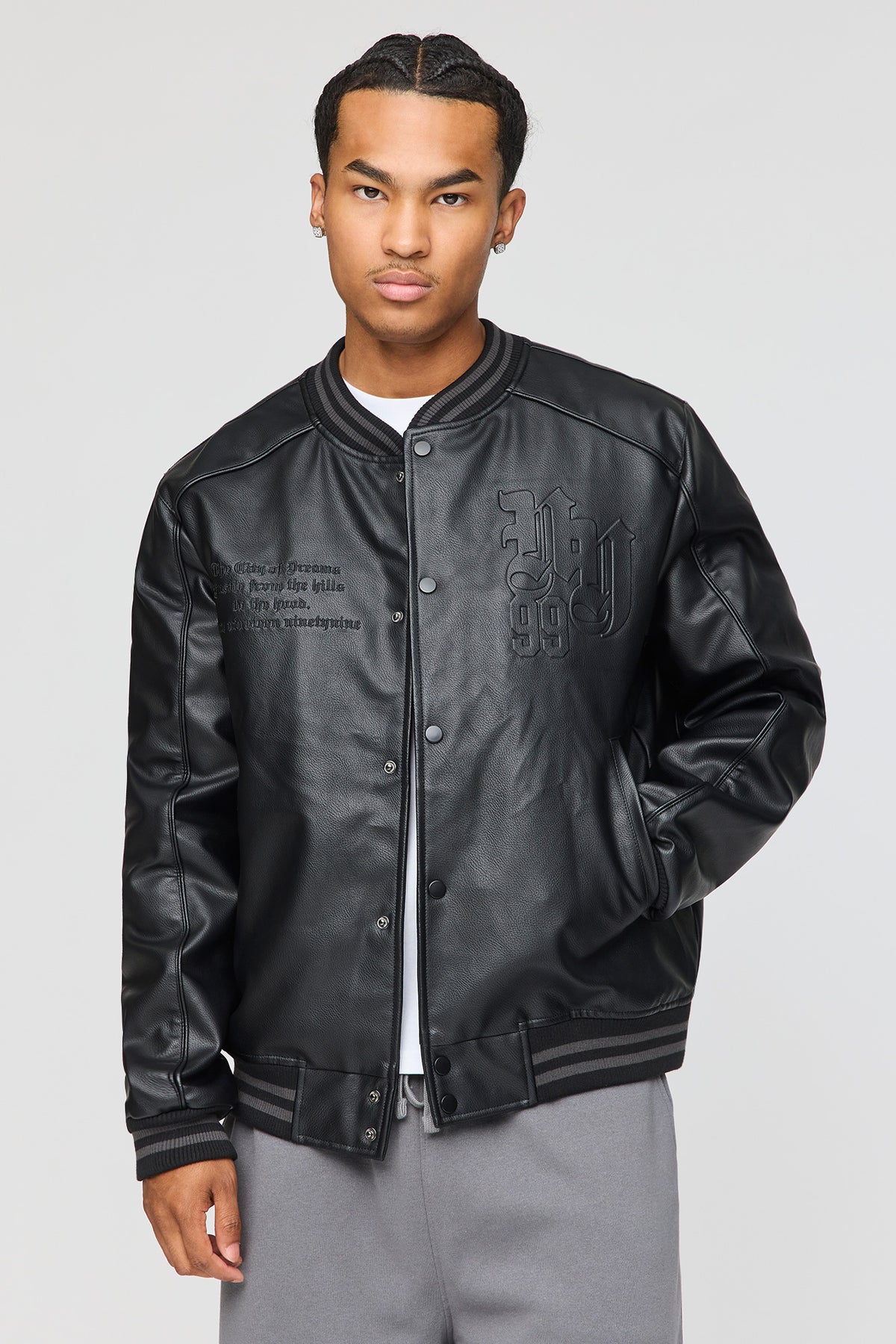 Faux Leather Varsity Jacket - Black