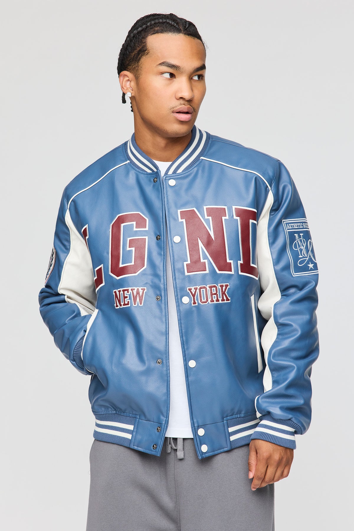 Faux Leather Varsity Jacket - Blue