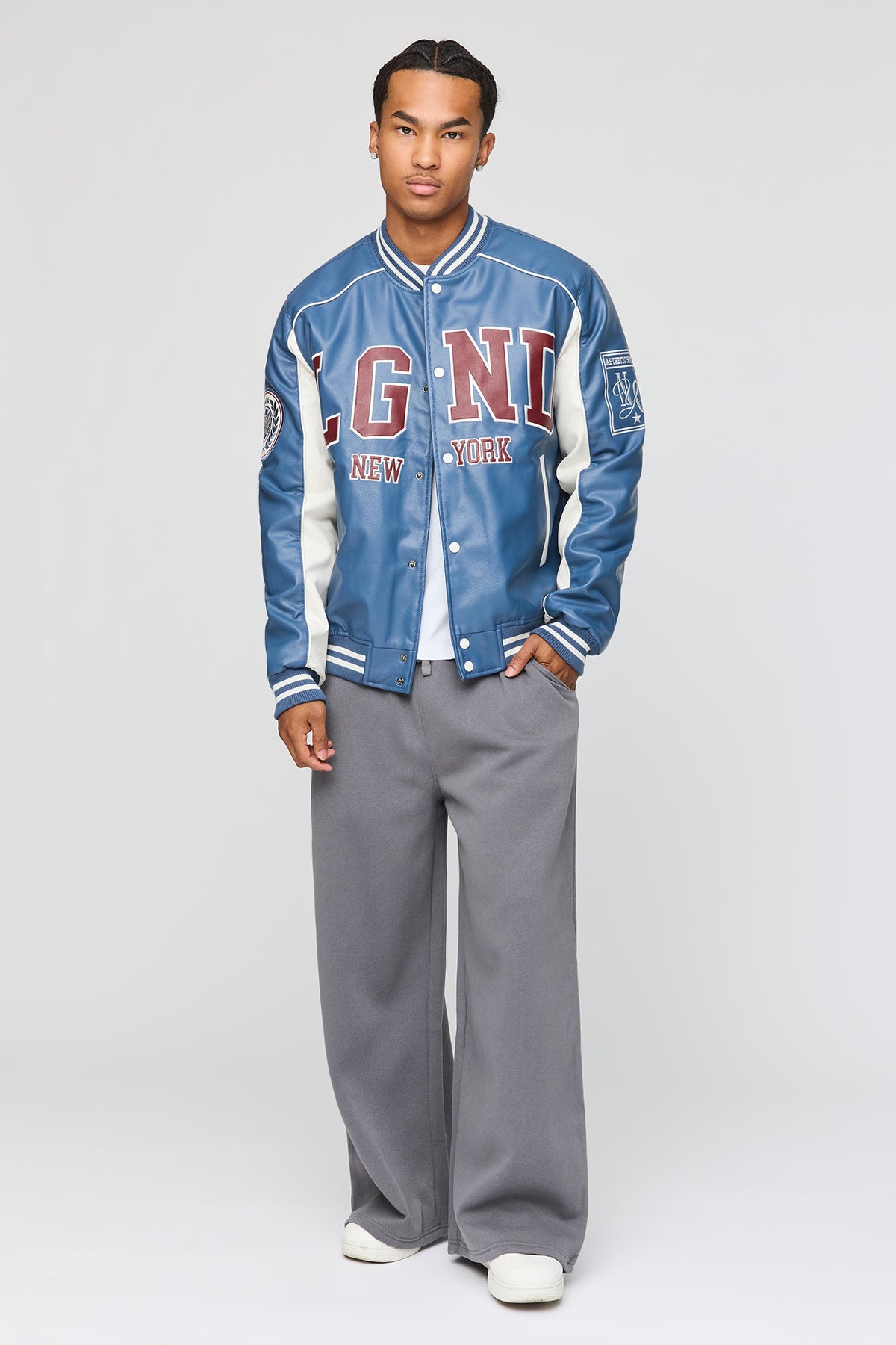 Alt View 3. Faux Leather Varsity Jacket - Blue