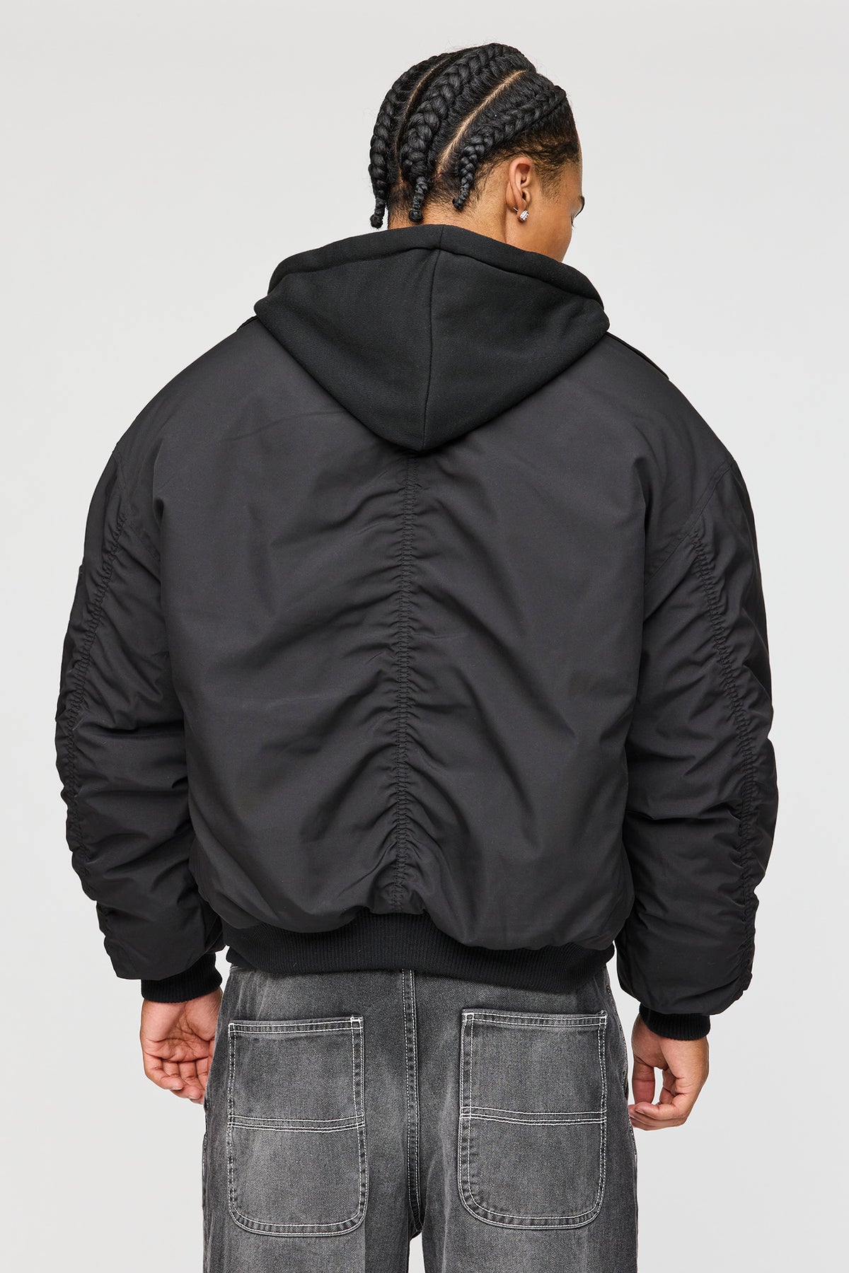 Alt View 2. Bomber Jacket with Detachable Hood - Black