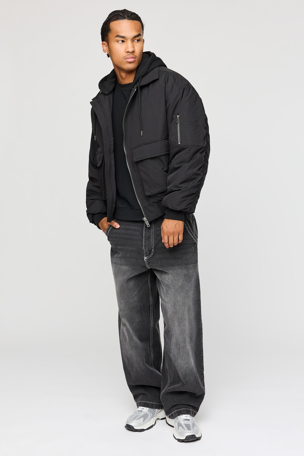 Alt View 3. Bomber Jacket with Detachable Hood - Black