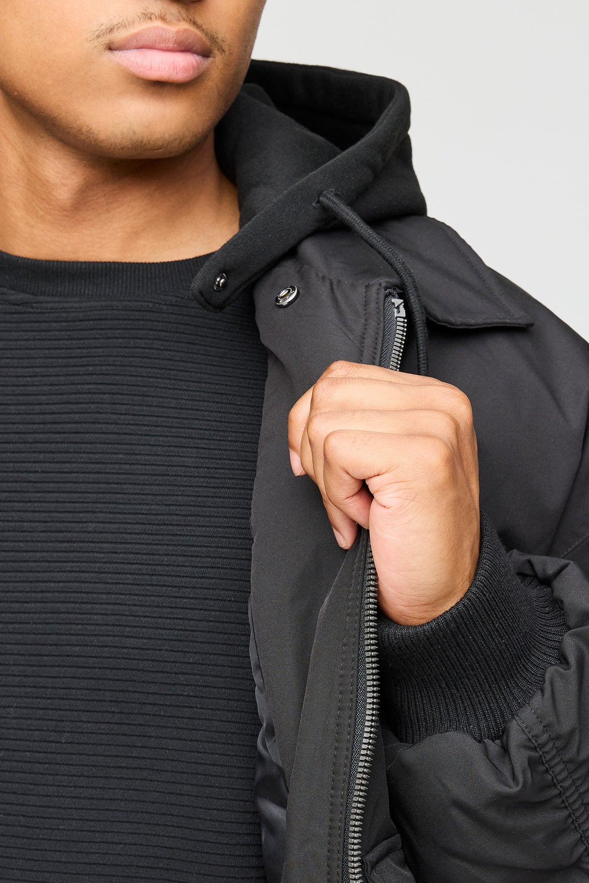 Alt View 4. Bomber Jacket with Detachable Hood - Black