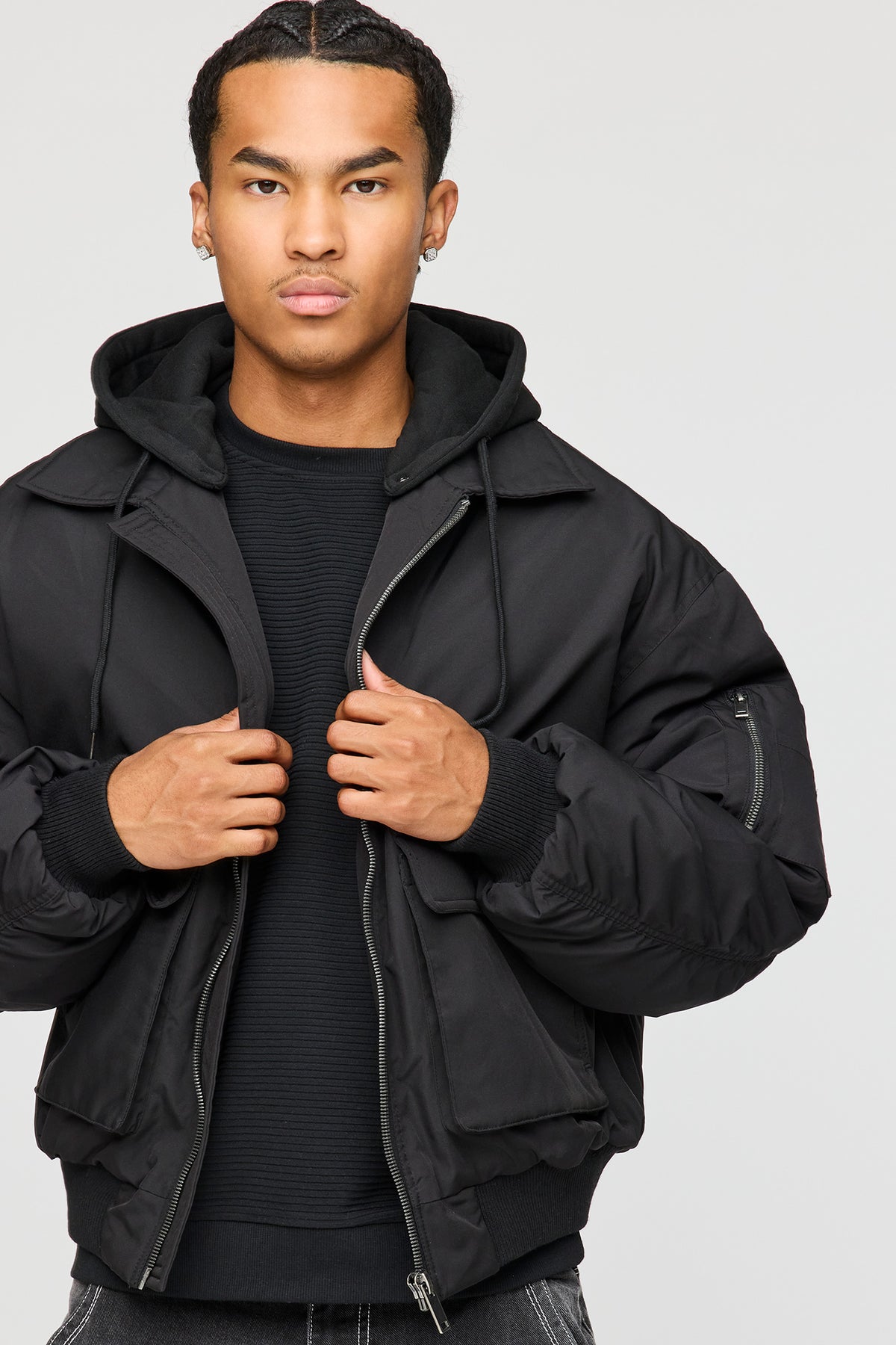 Alt View 5. Bomber Jacket with Detachable Hood - Black