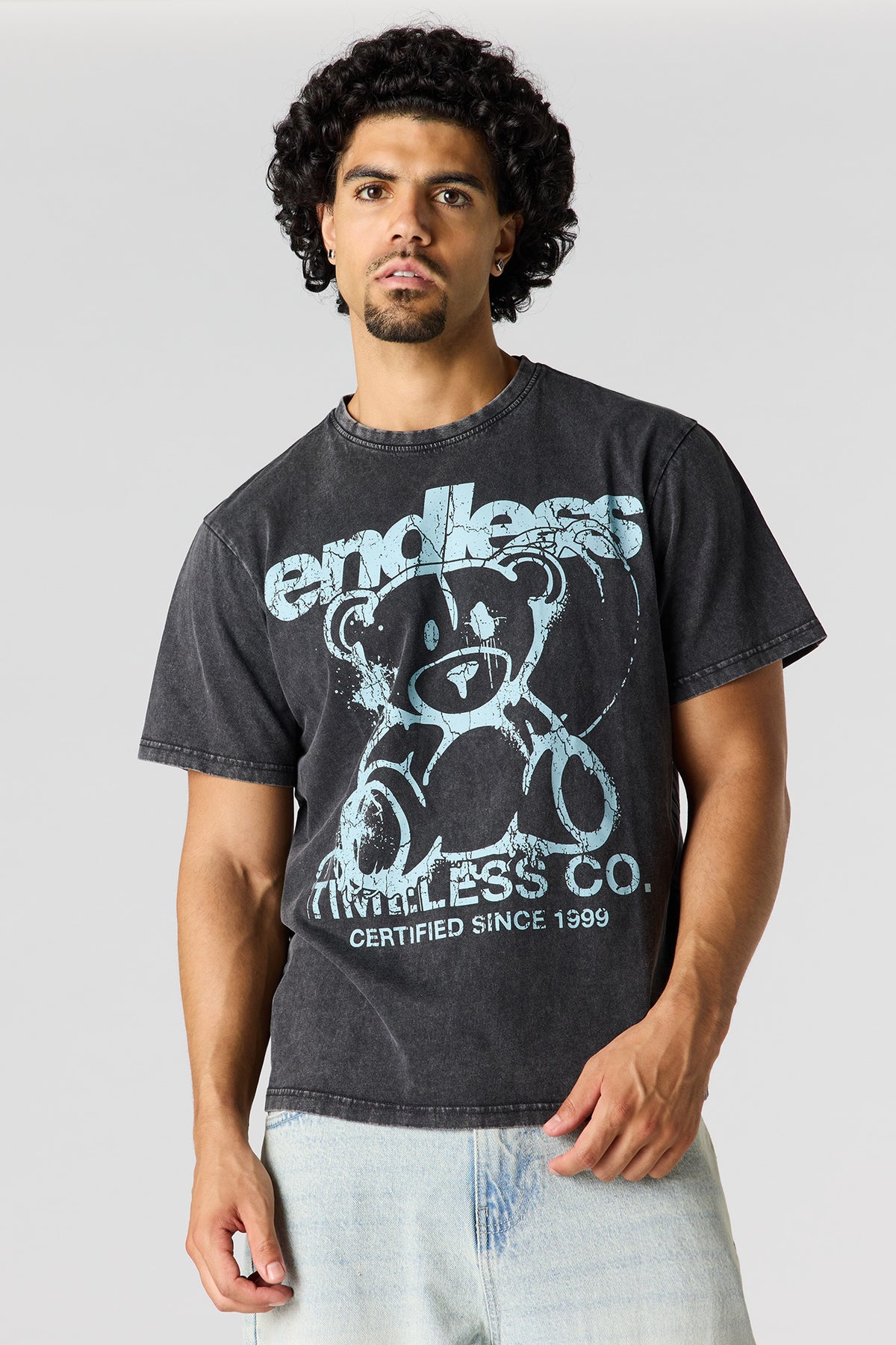 Bear Graphic Washed T-Shirt - Charcoal