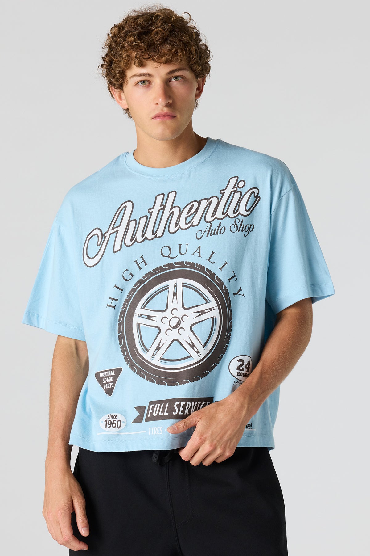 Auto Shop Graphic Boxy T-Shirt - Light Blue