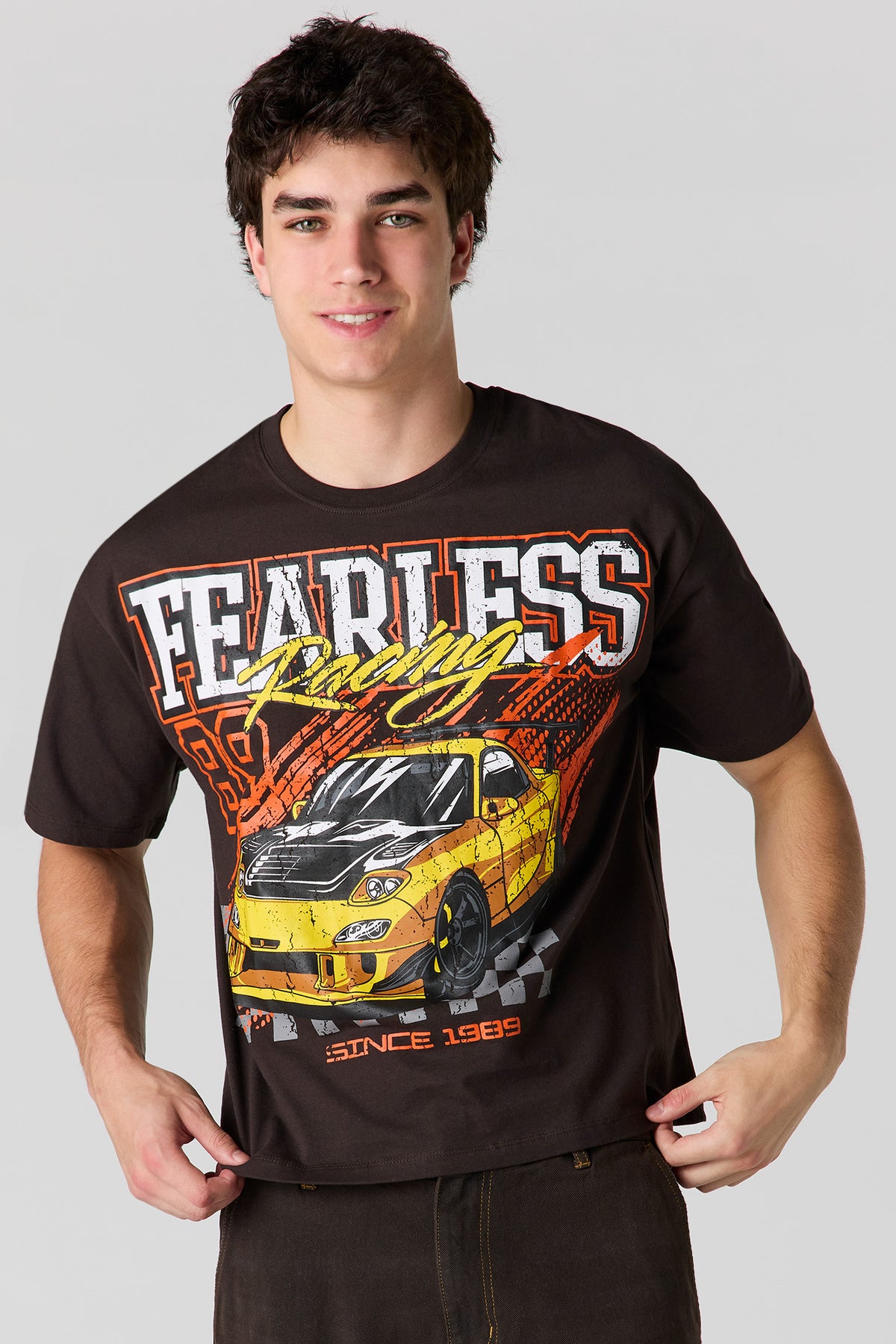 Fearless Racing Graphic Boxy T-Shirt - Dark Brown