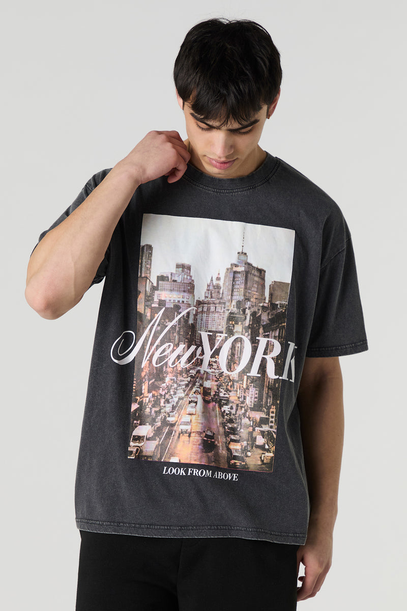 T-shirt ample délavé à imprimé New York