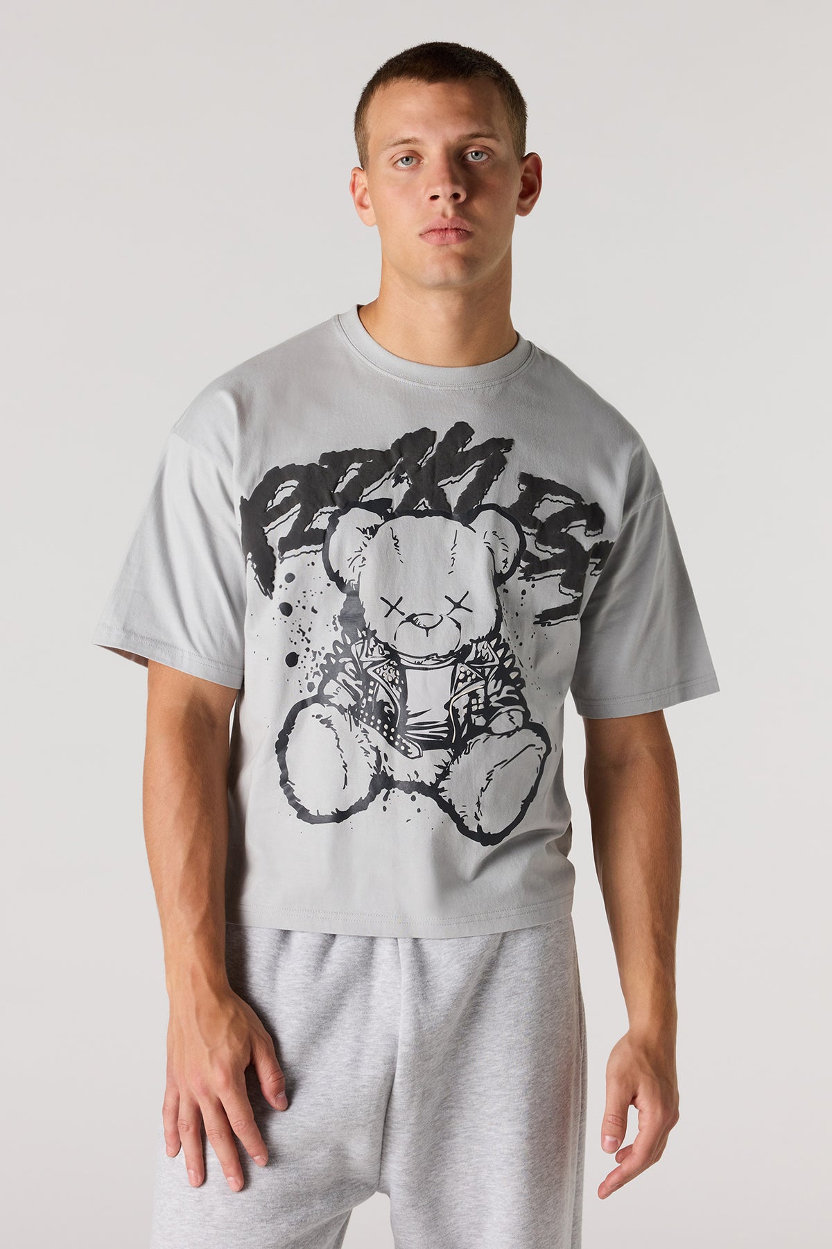 Bear Graphic Boxy T-Shirt - Light Grey