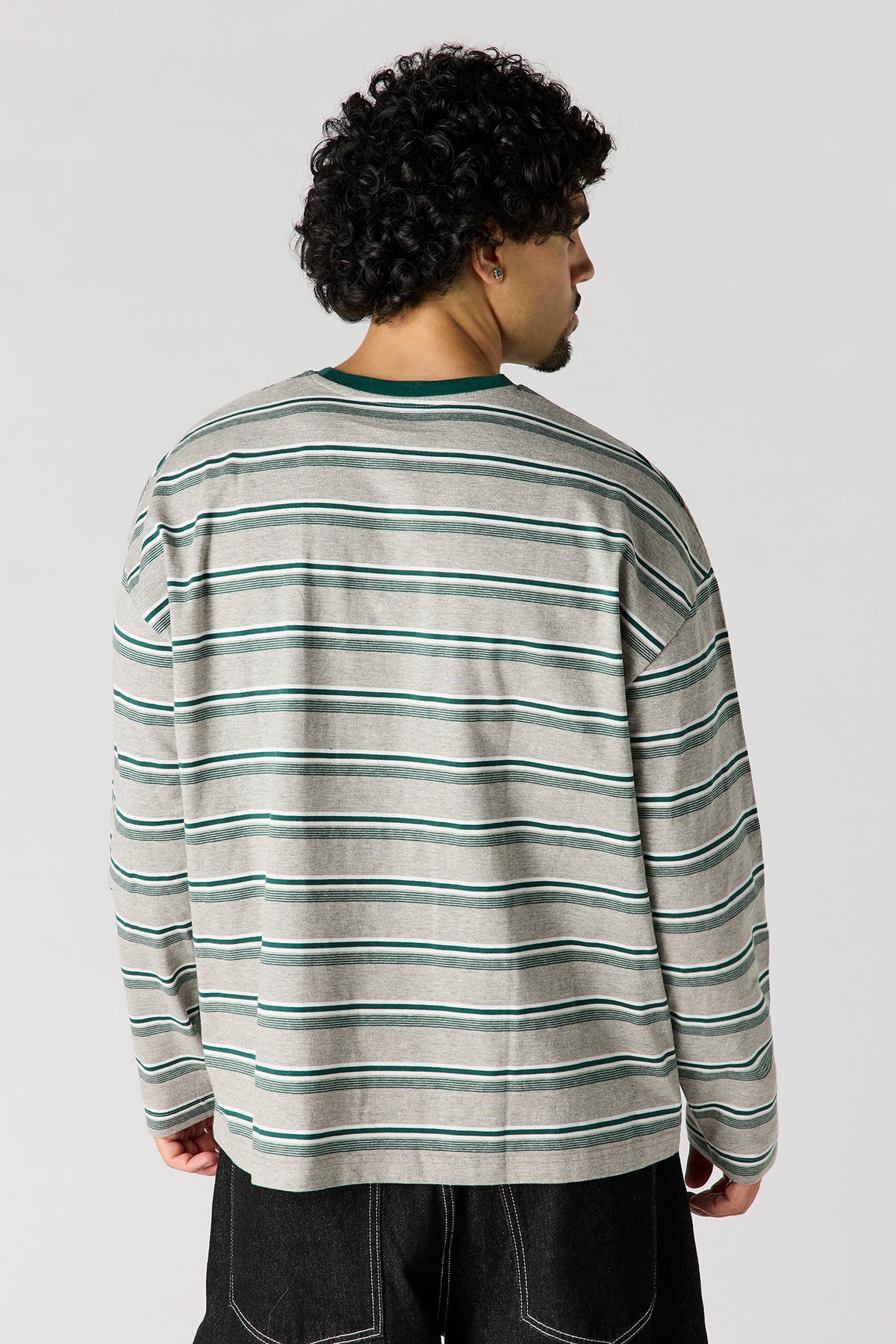Alt View 2. Striped Boxy Long Sleeve Top - Heather Grey