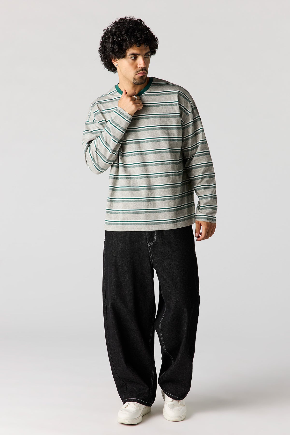 Alt View 3. Striped Boxy Long Sleeve Top - Heather Grey