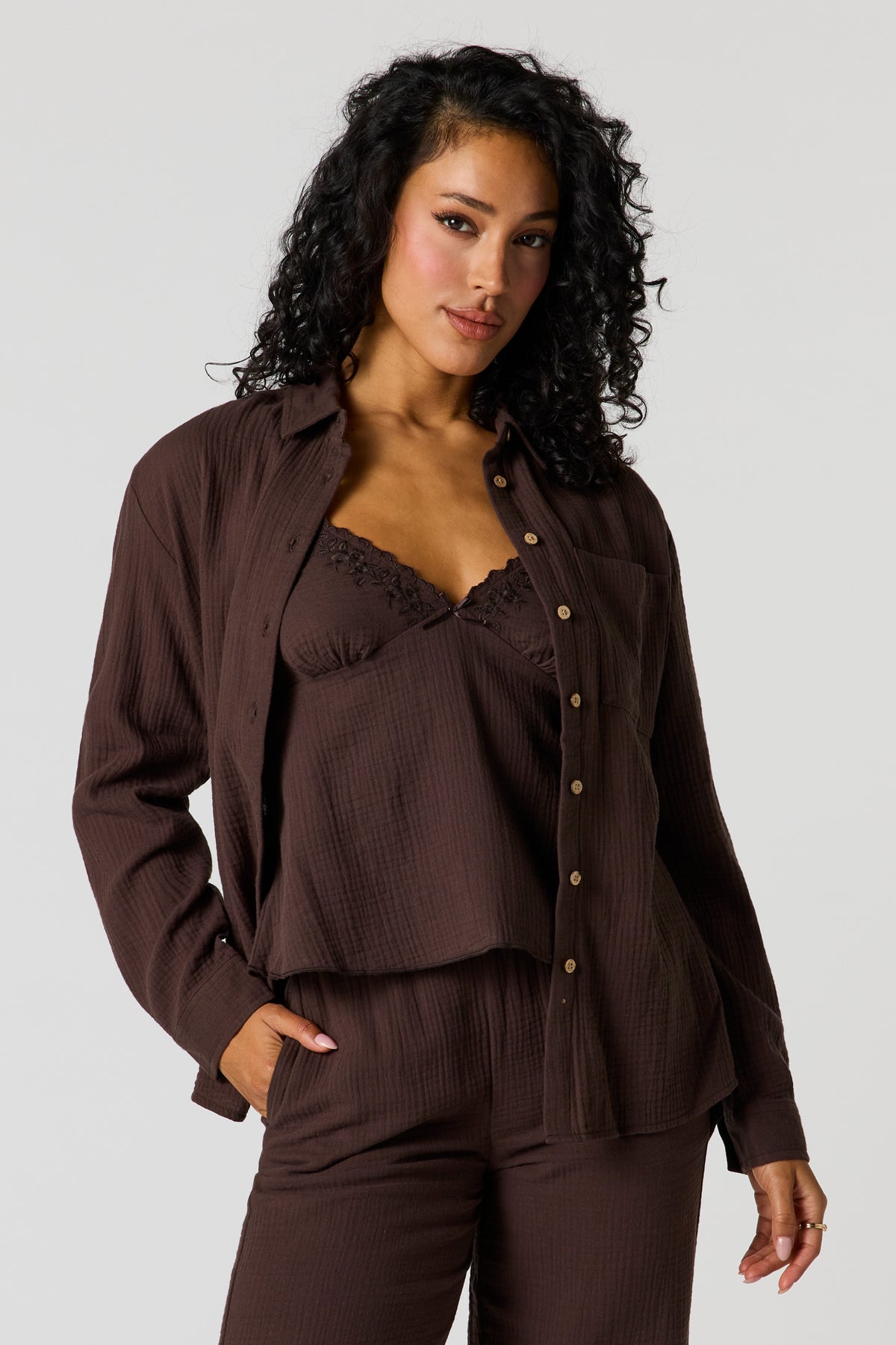 Gauze Relaxed Button-Up Top - Brown
