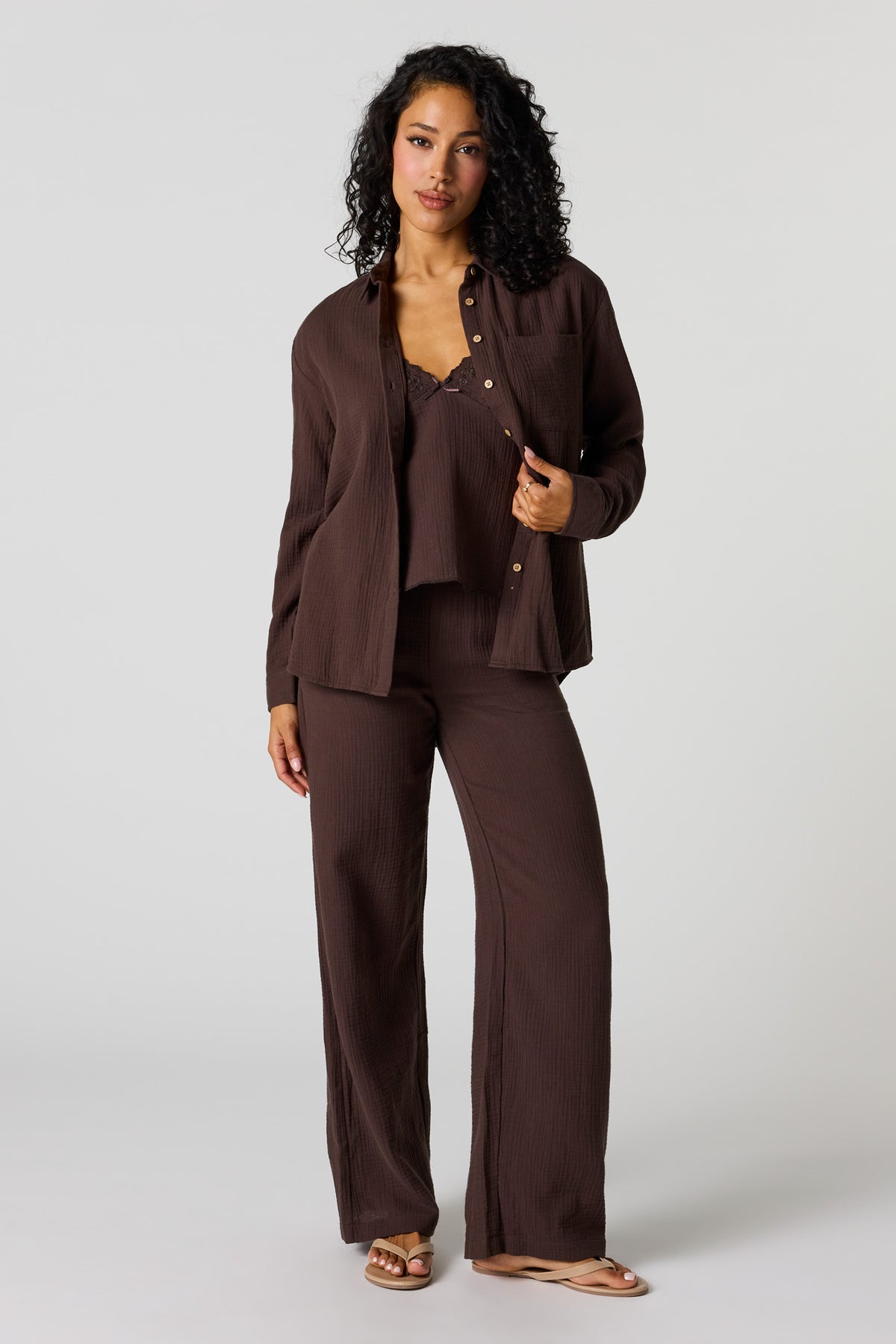 Alt View 3. Gauze Relaxed Button-Up Top - Brown