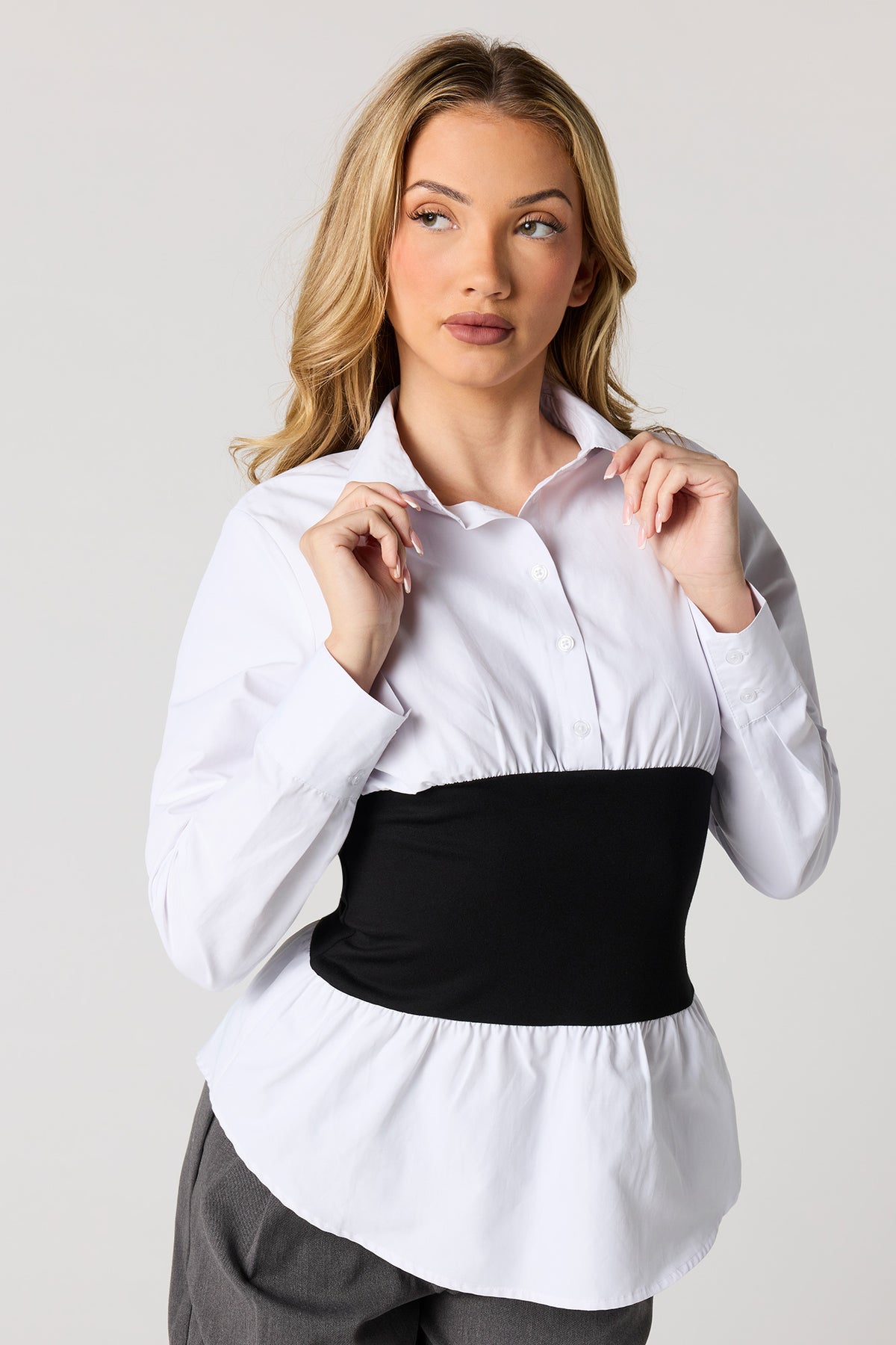 Corset Waist Button-Up Top - White