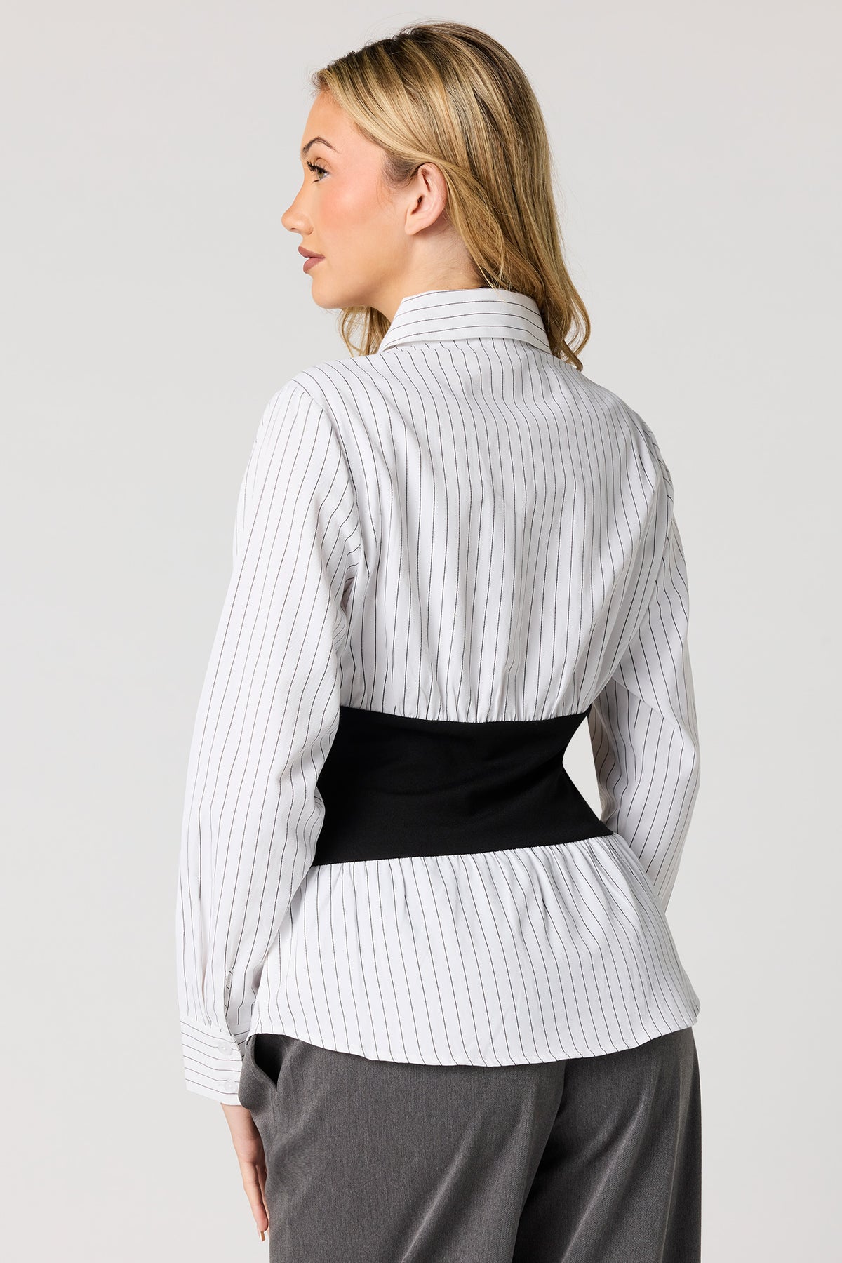 Alt View 2. Corset Waist Button-Up Top - Black with White