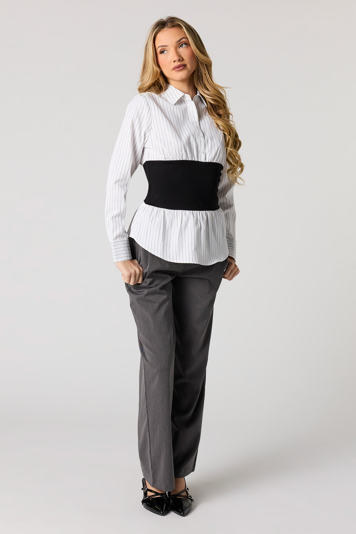 Alt View 3. Corset Waist Button-Up Top - Black with White