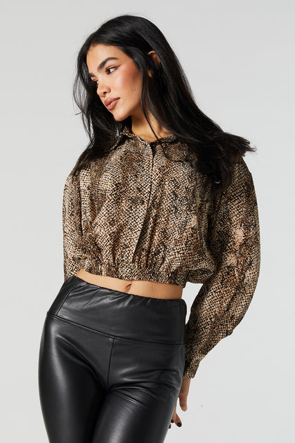 Snakeskin Button Down Cinched Long Sleeve Top