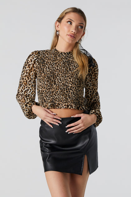 Cheetah Print Smocked Long Sleeve Top