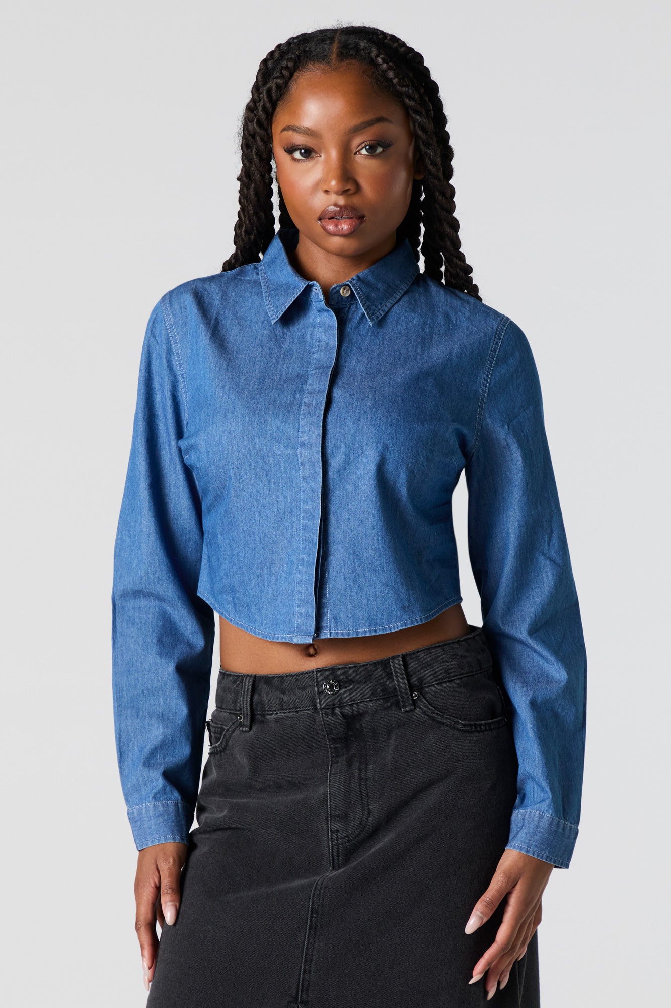 Denim Cropped Button-Up Top