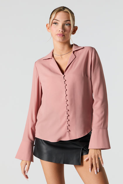 Button Front Bell Sleeve Blouse