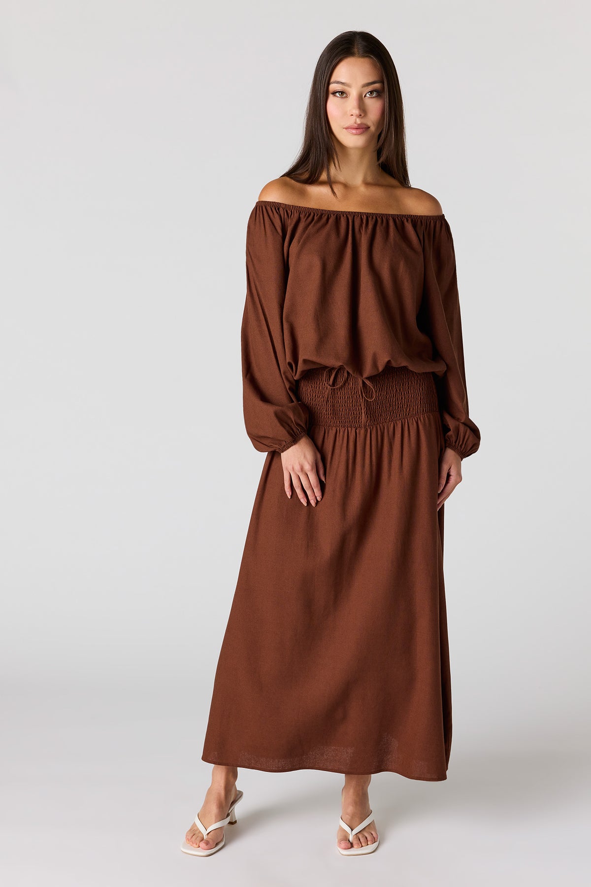 Alt View 3. Linen-Blend Off Shoulder Blouse - Brown