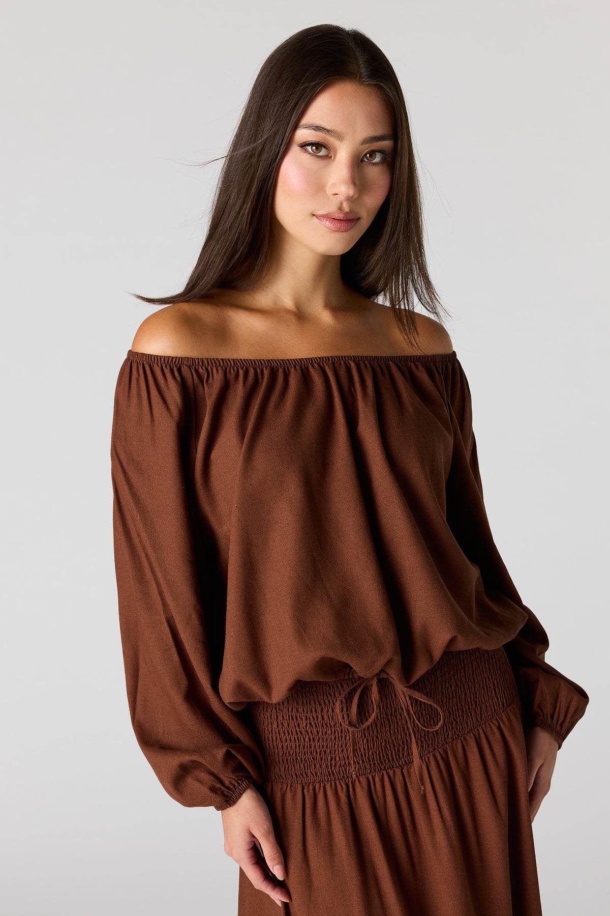 Linen-Blend Off Shoulder Blouse - Brown