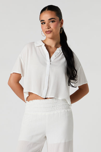 Textured Cropped Button-Up Top