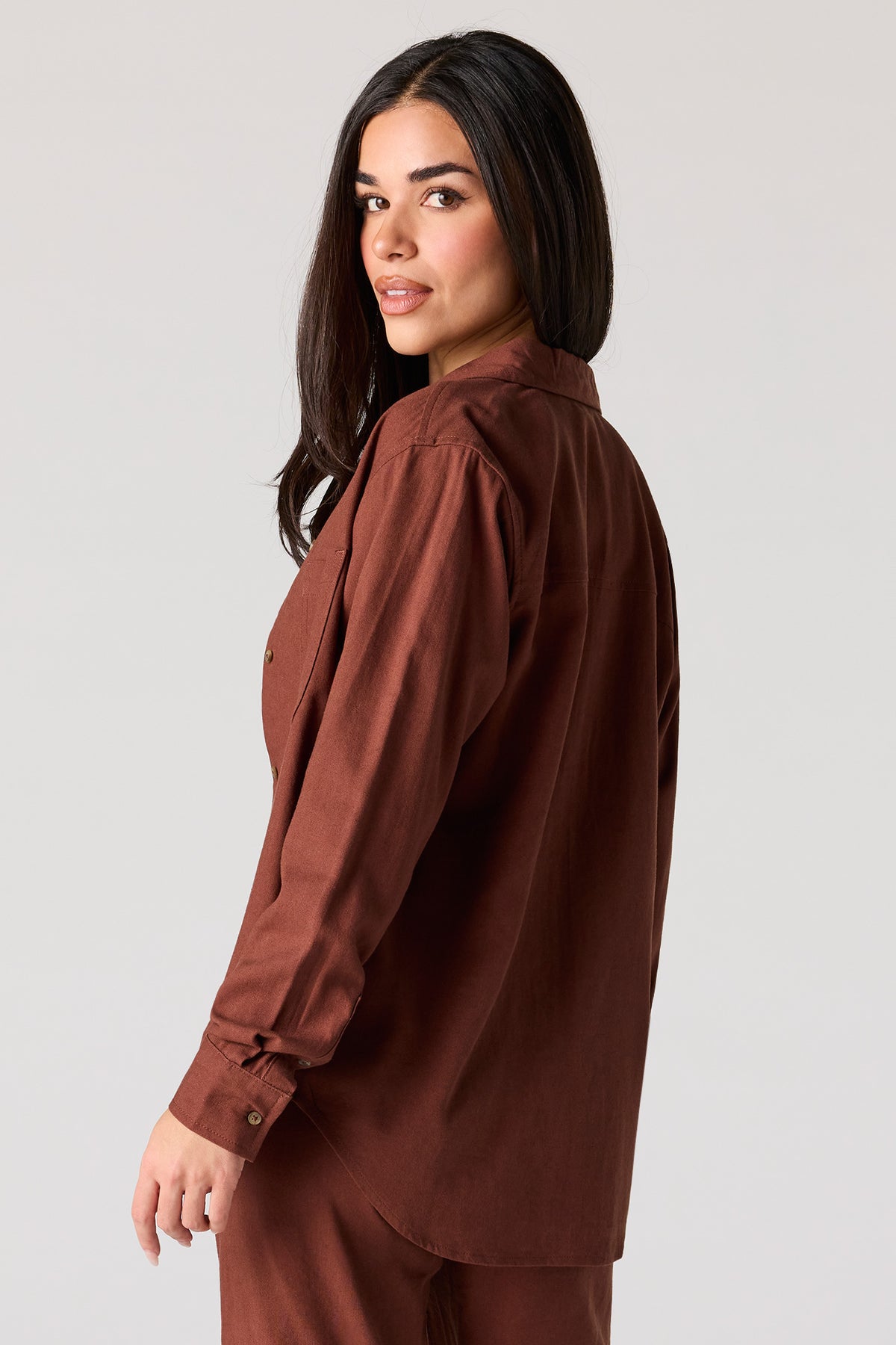 Alt View 2. Linen-Blend Button-Up Top - Dark Brown