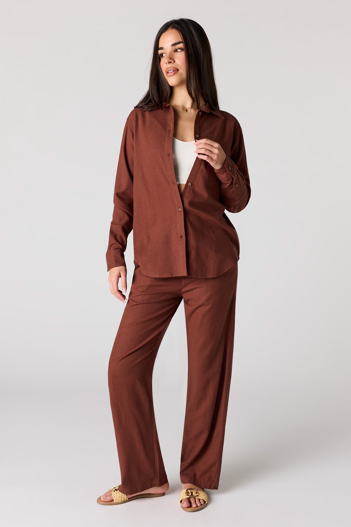 Alt View 3. Linen-Blend Button-Up Top - Dark Brown