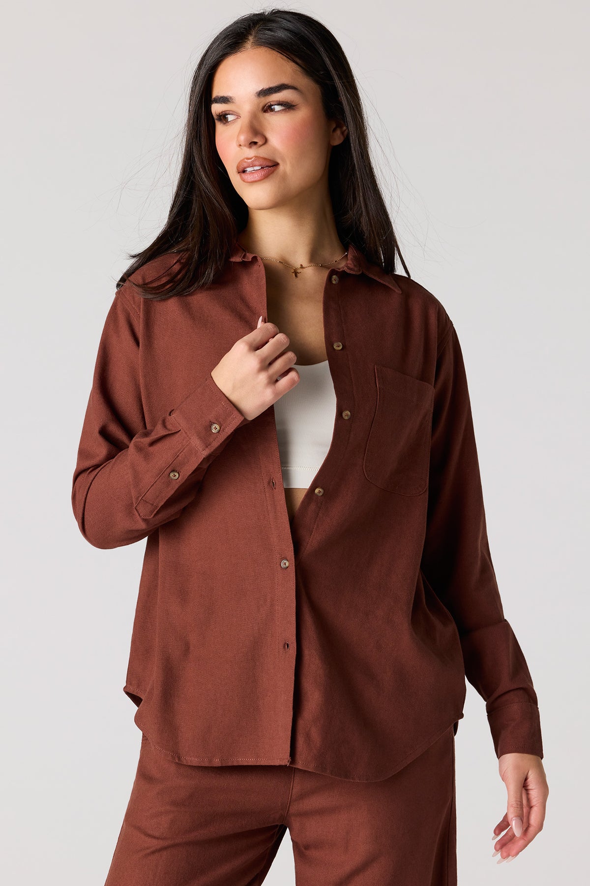 Linen-Blend Button-Up Top - Dark Brown
