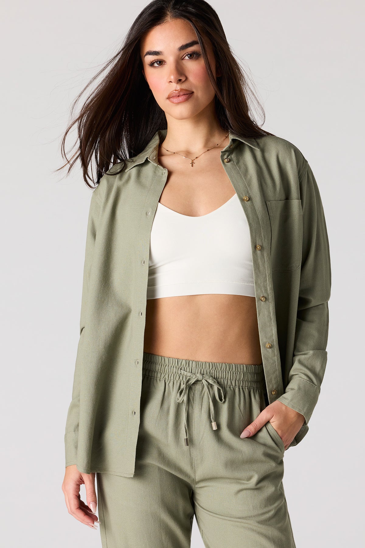 Linen-Blend Button-Up Top - Dark Green