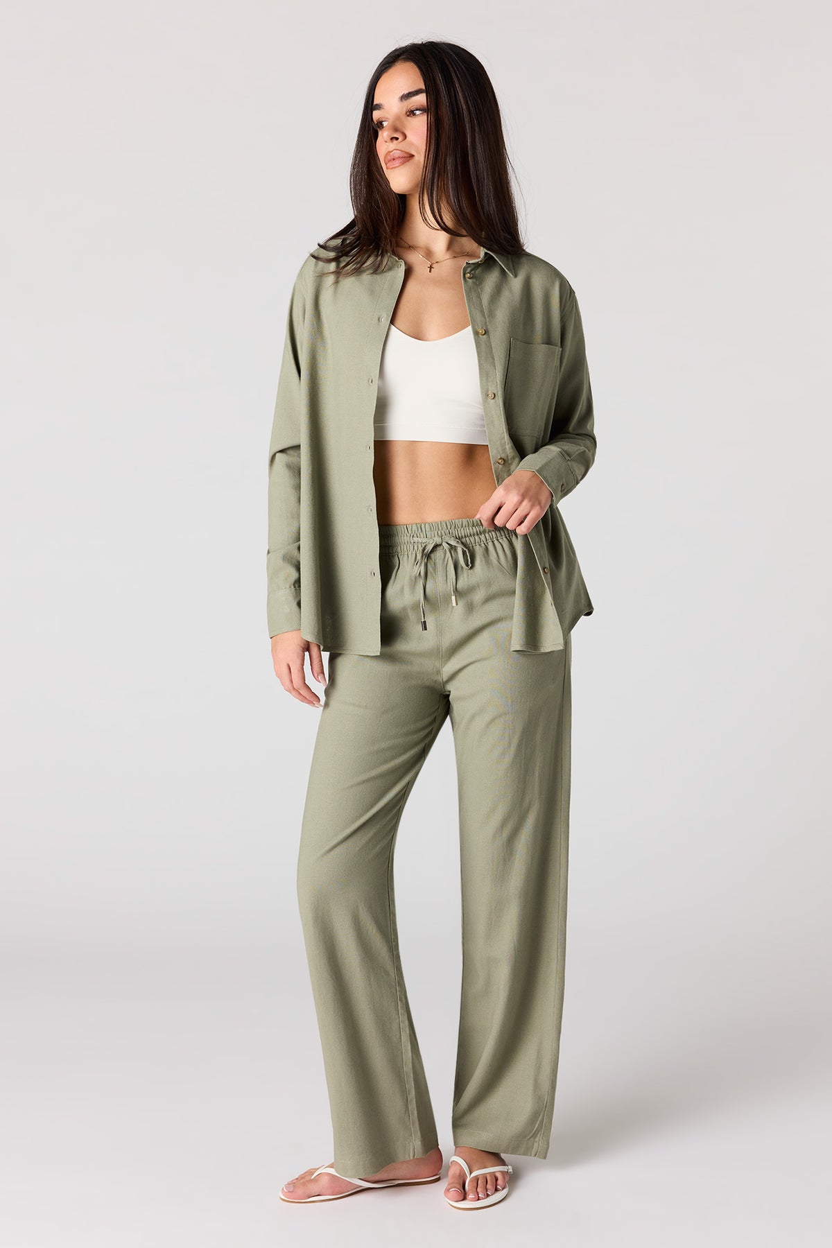 Alt View 3. Linen-Blend Button-Up Top - Dark Green