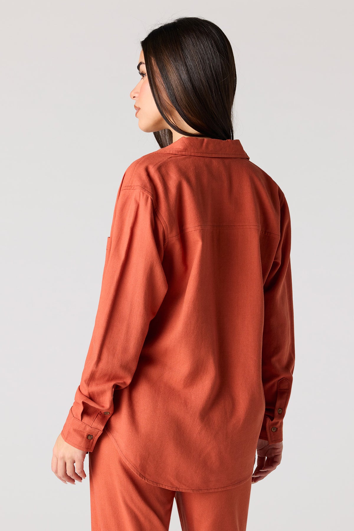 Alt View 2. Linen-Blend Button-Up Top - Dark Orange