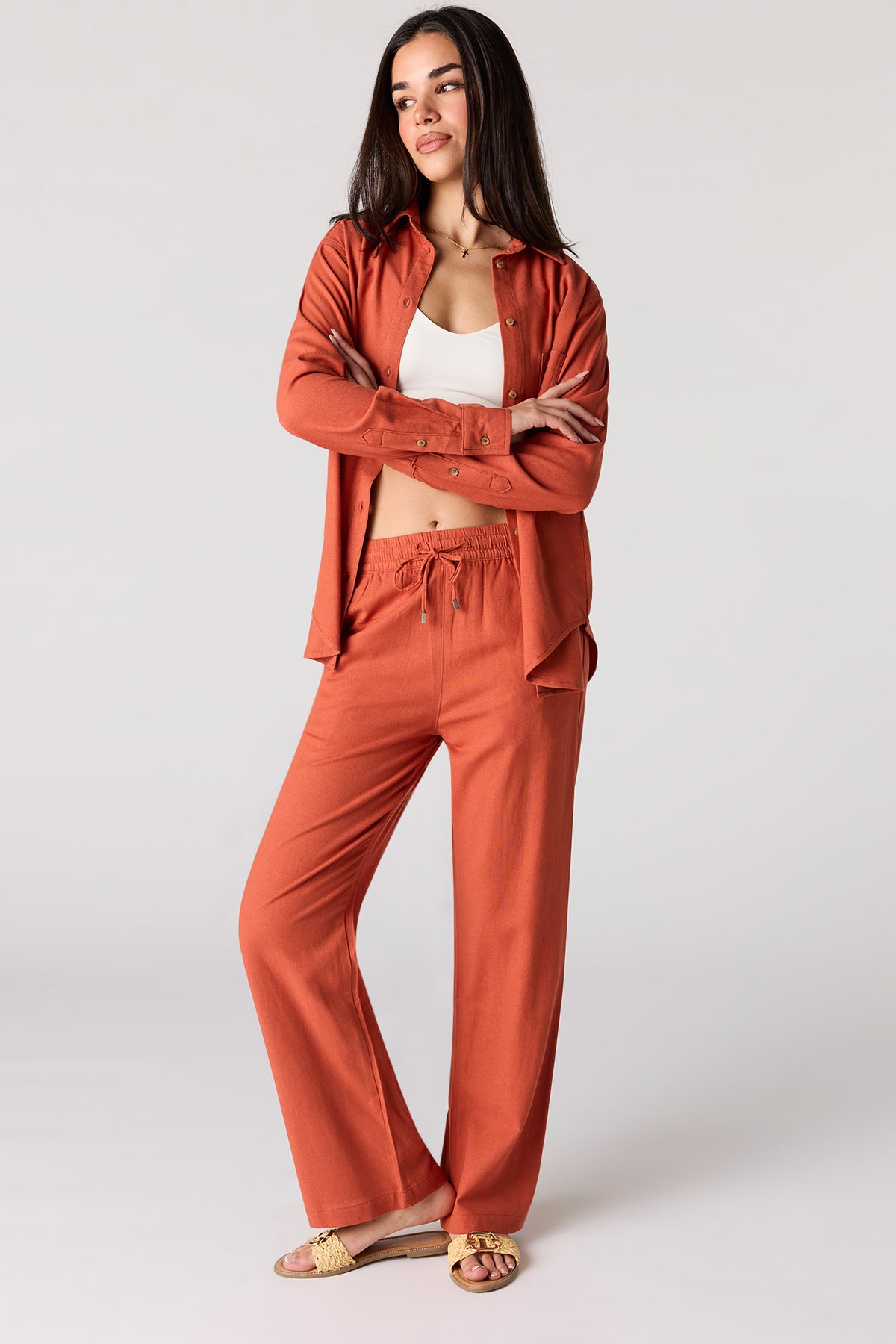 Alt View 3. Linen-Blend Button-Up Top - Dark Orange