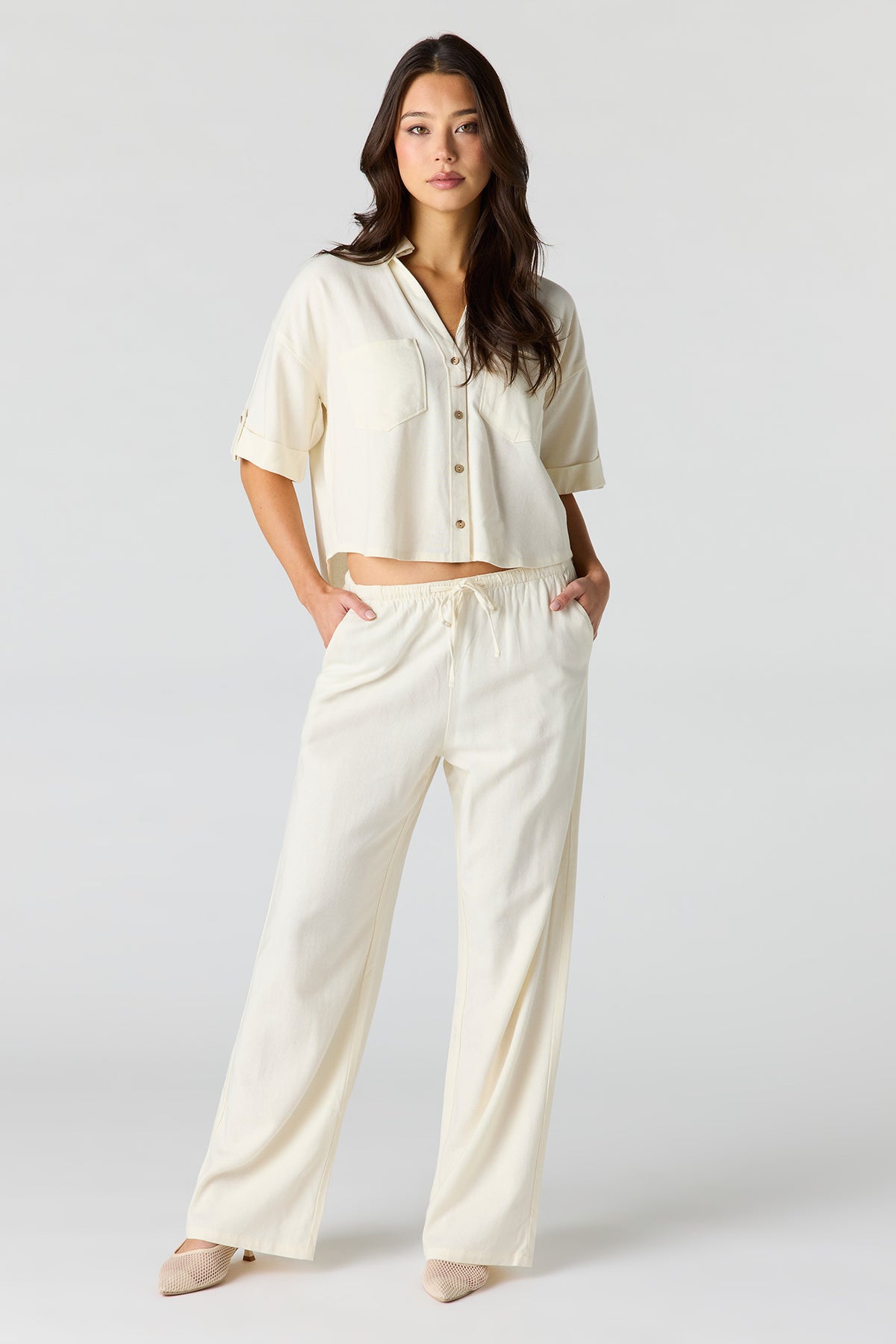 Alt View 3. Linen-Blend Button-Up Collared Crop Top - White