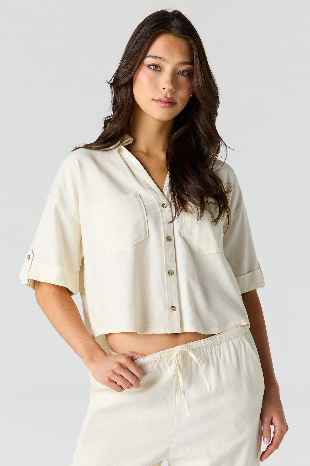 Linen-Blend Button-Up Collared Crop Top - White