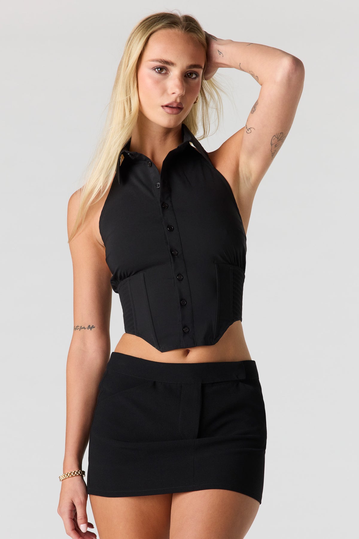 Button Front Corset Halter Top - Black