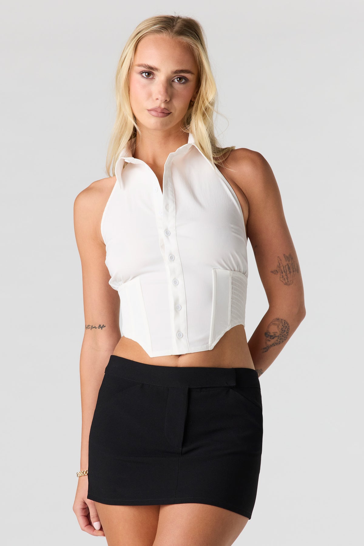 Button Front Corset Halter Top - White